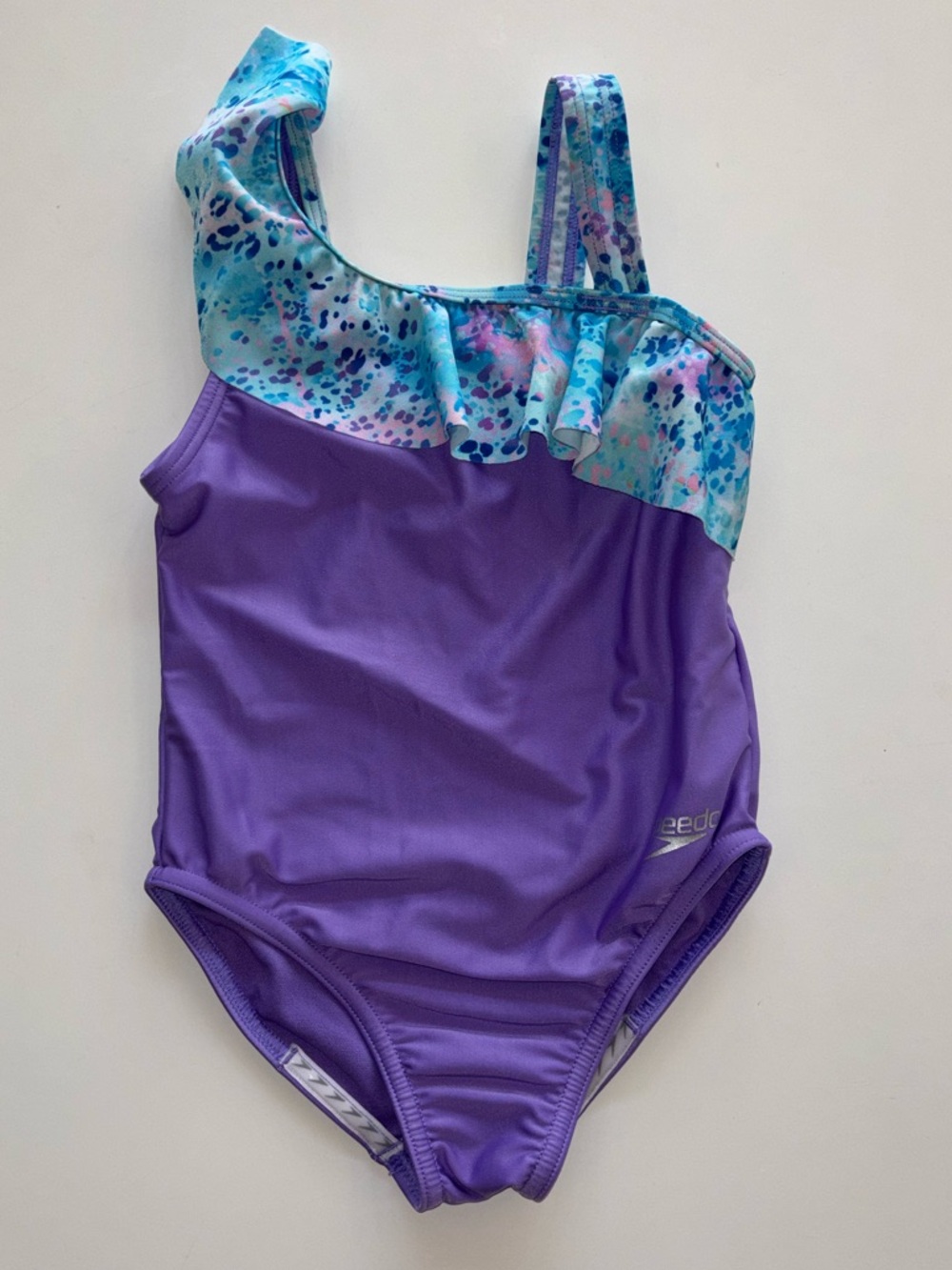 Girls Speedo Purple One Piece Swimsuit Ruffle Strap Blue Splash Print Size XS